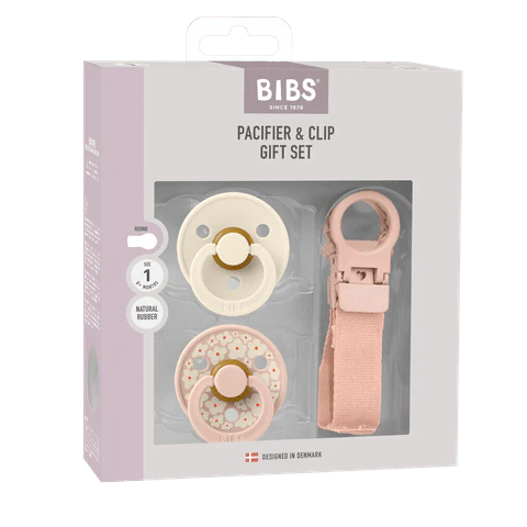 BIBS Colour Natural Rubber Round Pacifier & Loop Clip Gift Set &ndash; Blush Size 1 0M+