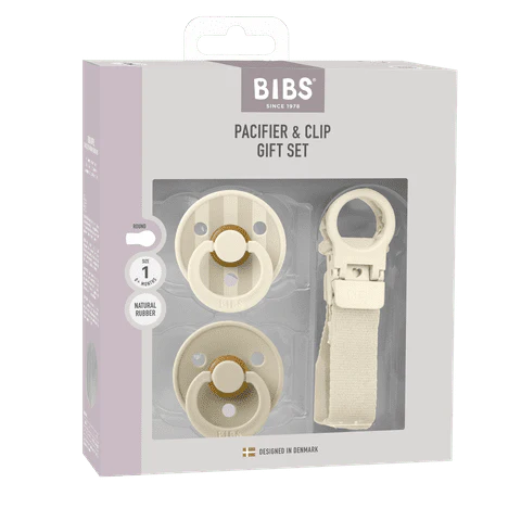 BIBS Colour Natural Rubber Round Pacifier & Loop Clip Gift Set &ndash; Ivory Size 1 0M+