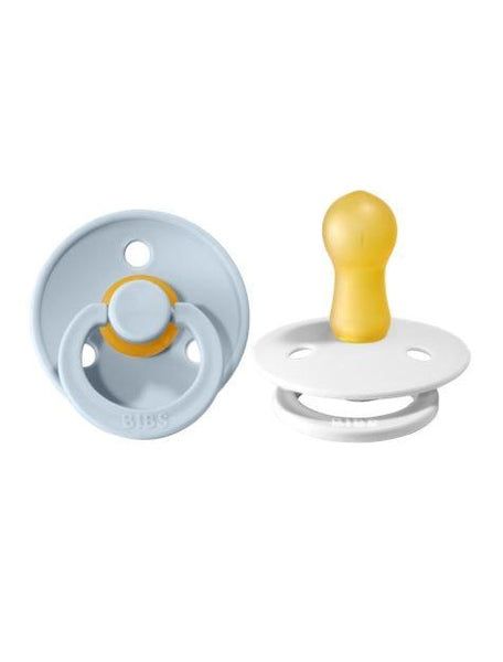 BIBS Pacifier Original COLOUR Latex 2 Pack Size 1 (0-6m) - White & Baby Blue