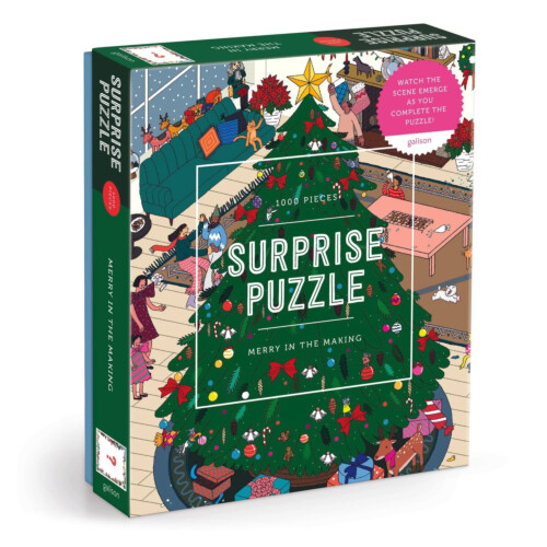 Galison Merry in the Making 1000 Piece Surprise Jigsaw Puzzle Featuring a Holiday Party Surprise Illustration