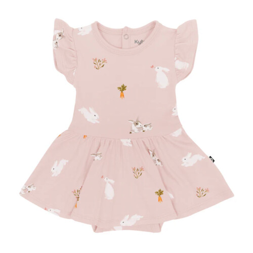 Kyte Baby Twirl Bodysuit Dress in Blush Rabbit 6-12 Months