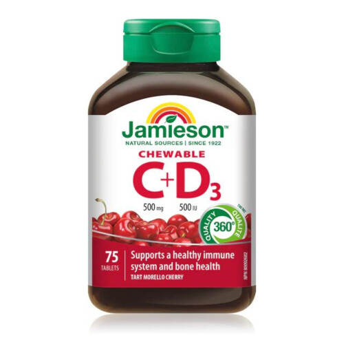 Jamieson Vitamin C & D Chewable Tablets Natural Morello Cherry Flavour 75 Tablets
