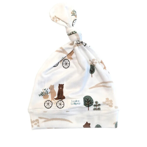Loulou Lollipop Tencel Top Knot Beanie - Bears on Bikes - 0-6M