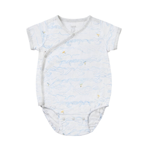 Nest Designs Short Sleeve Kimono Onesie (Bamboo Spandex Muslin) - Surf's Up 0-3M