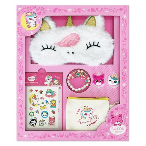 SUYON Sleep Mask Unicorn - Pink - Gift Set with Temporary Tattoos, Bracelet, Pouch and Rings