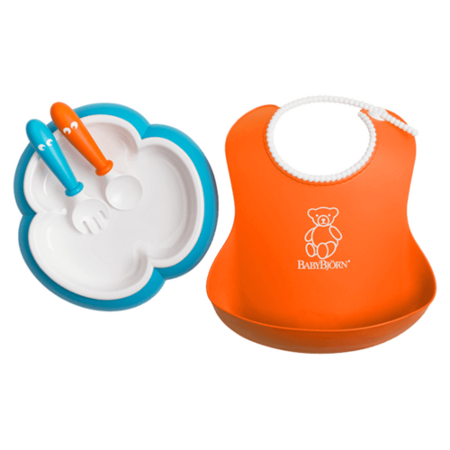 BabyBjorn Feeding Set-Orange Soft Bib,Turquoise Plate, Orange Spoon and Turquoise Fork