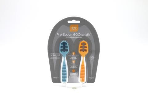 NumNum Pre-Spoon GOOtensil Baby's First Spoon Set of 2 (6Months+)  - Orange & Blue