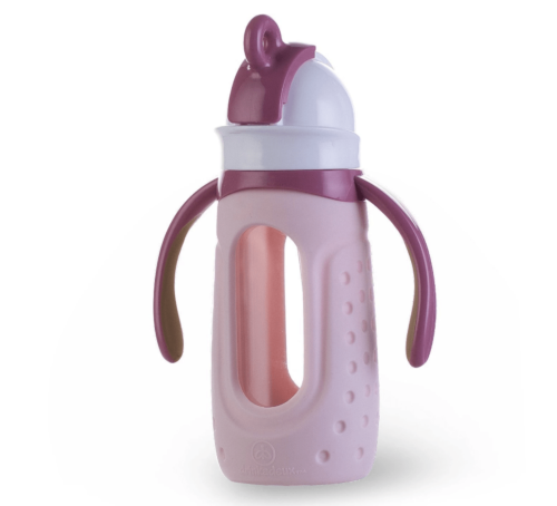 Drinkadeux Sip Jr. 6 oz. Glass Bottle w/Silicone Sleeve, Straw & Handles, Pink