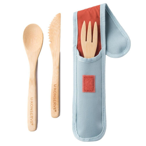 U-Konserve Bamboo Cutlery Set in Recycled Case - Reusable Utensil Spoon Fork Knife - Lightweight for Zero Waste Lunches and Travel - Seafoam Blue Carr