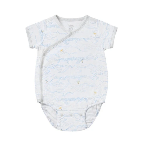 Nest Designs Short Sleeve Kimono Onesie (Bamboo Spandex Muslin) - Surf's Up 0-3M