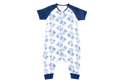 Nest Designs Raglan Bamboo Pima Short Sleeve Footed Sleep Bag 0.6 TOG - Blue Reef 18M-2.5T
