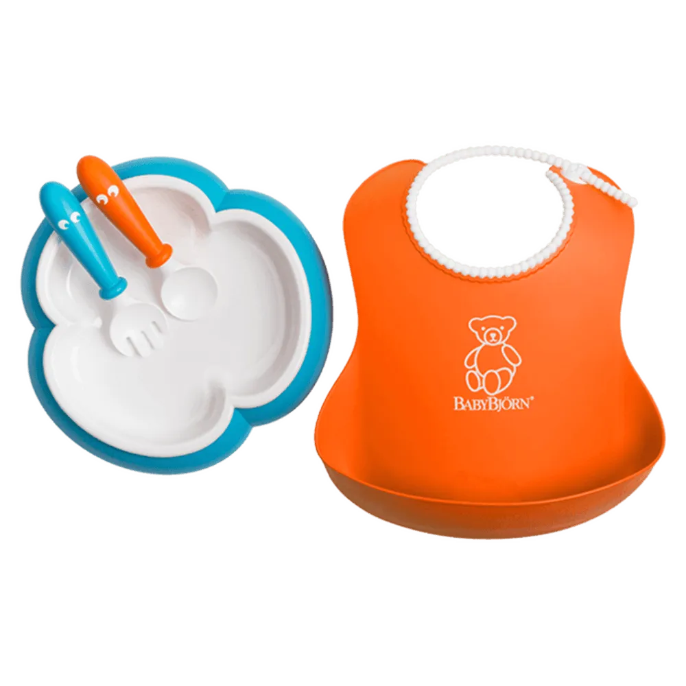 BabyBjorn Feeding Set-Orange Soft Bib,Turquoise Plate, Orange Spoon and Turquoise Fork