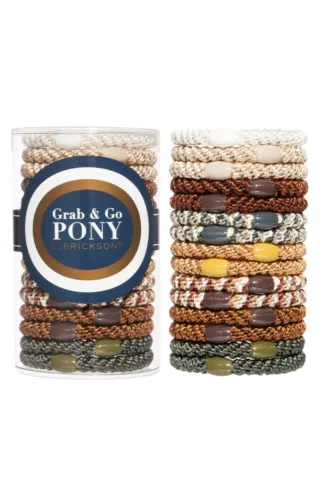 L.Erickson Grab & Go Ponytail Holders Tube Set of 15 Thick Hair Ties - Brown Stone