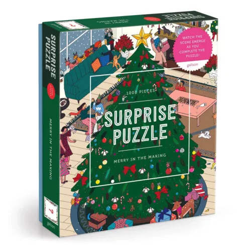 Galison Merry in the Making 1000 Piece Surprise Jigsaw Puzzle Featuring a Holiday Party Surprise Illustration