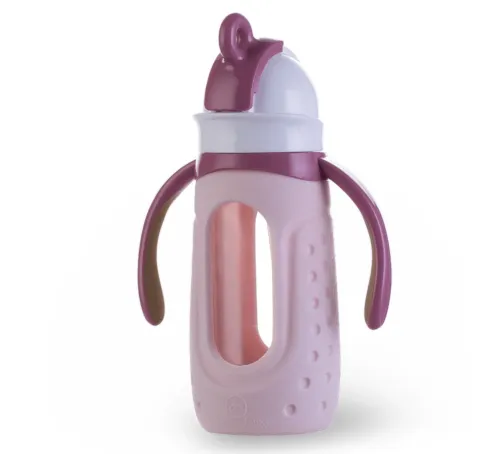Drinkadeux Sip Jr. 6 oz. Glass Bottle w/Silicone Sleeve, Straw & Handles, Pink