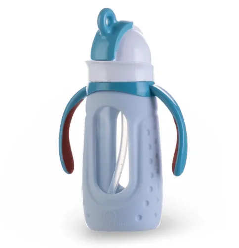 Drinkadeux Sip Jr. 6 oz. Glass Bottle w/Silicone Sleeve, Straw & Handles, Blue