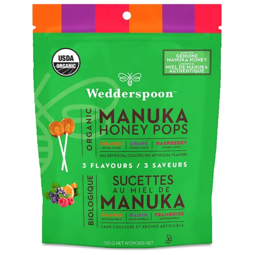 Wedderspoon Organic Manuka Honey Pops Variety Pack - Grape, Raspberry & Orange 120g*