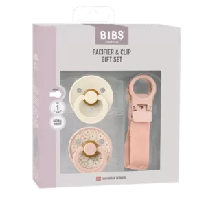 BIBS Colour Natural Rubber Round Pacifier & Loop Clip Gift Set &ndash; Blush Size 1 0M+