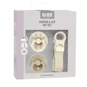 BIBS Colour Natural Rubber Round Pacifier & Loop Clip Gift Set &ndash; Ivory Size 1 0M+