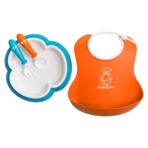 BabyBjorn Feeding Set-Orange Soft Bib,Turquoise Plate, Orange Spoon and Turquoise Fork
