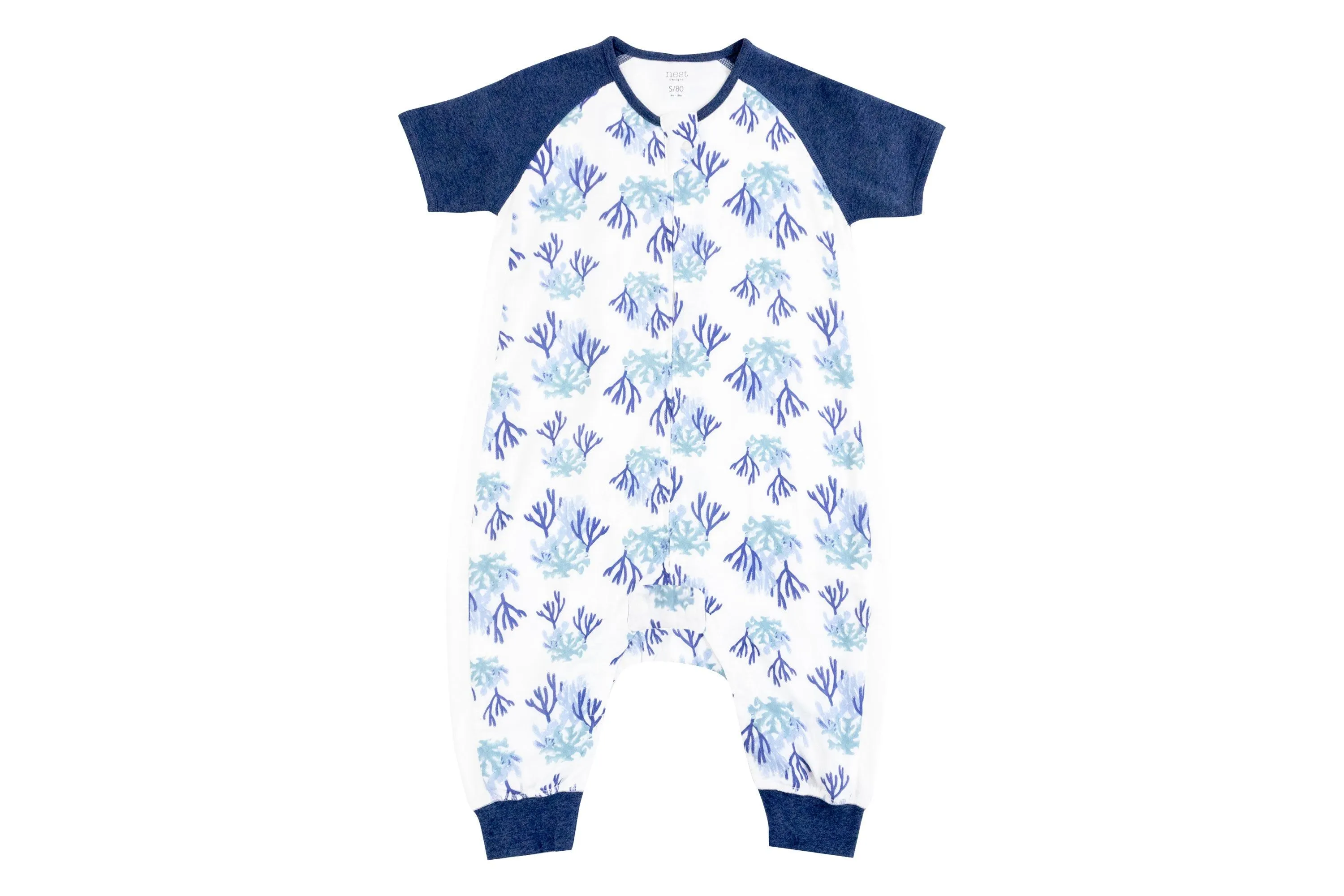 Nest Designs Raglan Bamboo Pima Short Sleeve Footed Sleep Bag 0.6 TOG - Blue Reef 18M-2.5T